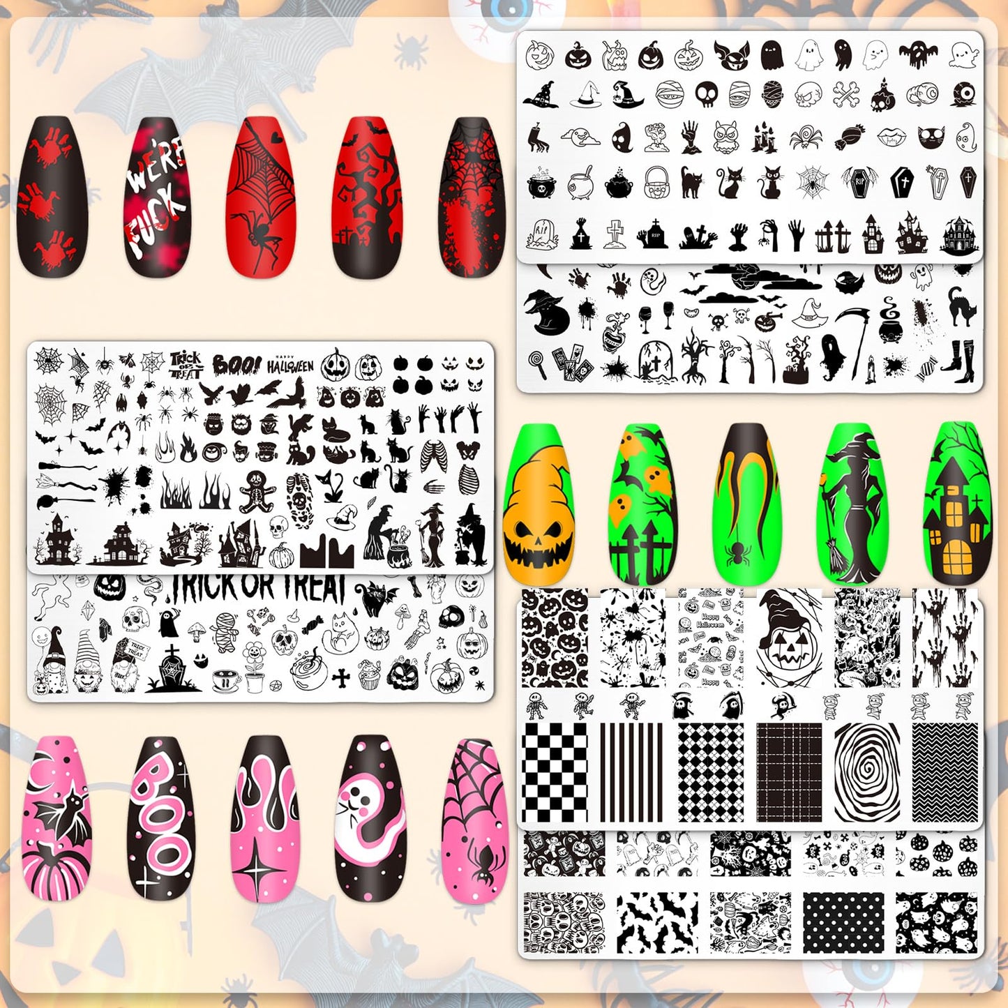 Whaline 6Pcs Halloween Nail Plates Stamping Set Pumpkin Ghost Bat Witch Stamp Templates Nail Art Plates for Trick or Treat Party