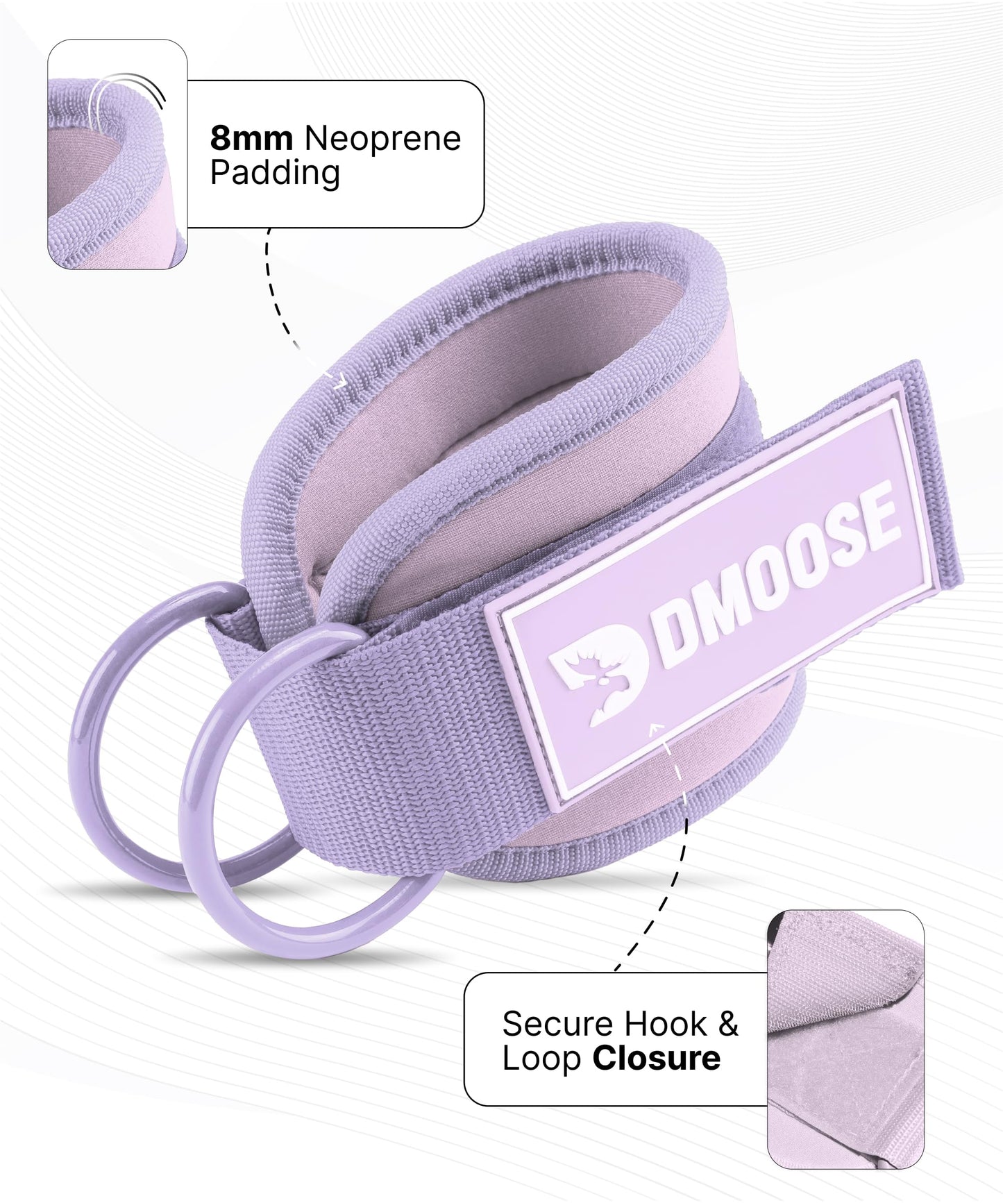 DMoose Fitness Ankle Straps for Cable Machines - One Size Fit Premium Padding, Glute Kickback Ankle Strap for Women & Men, Cable Attachments for Gym & Booty Workouts (Lilac Purple - Single)
