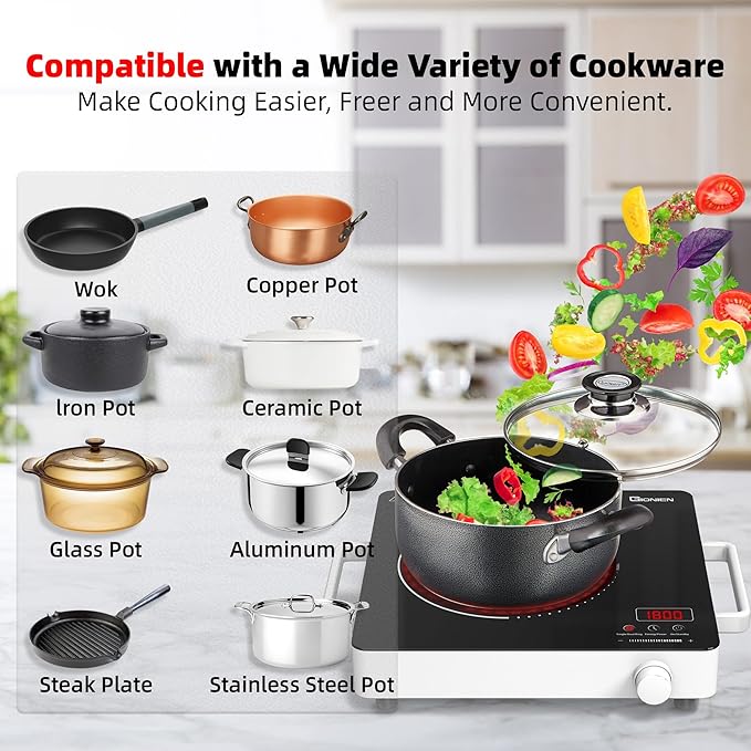 GIONIEN Electric Cooktop 1 Burner 110V, Portable Electric Stove with Handle, Ceramic Countertop Burner, Knob Control, ‌3-hour Timer, Safety Lock,3 Heat Modes,1800W