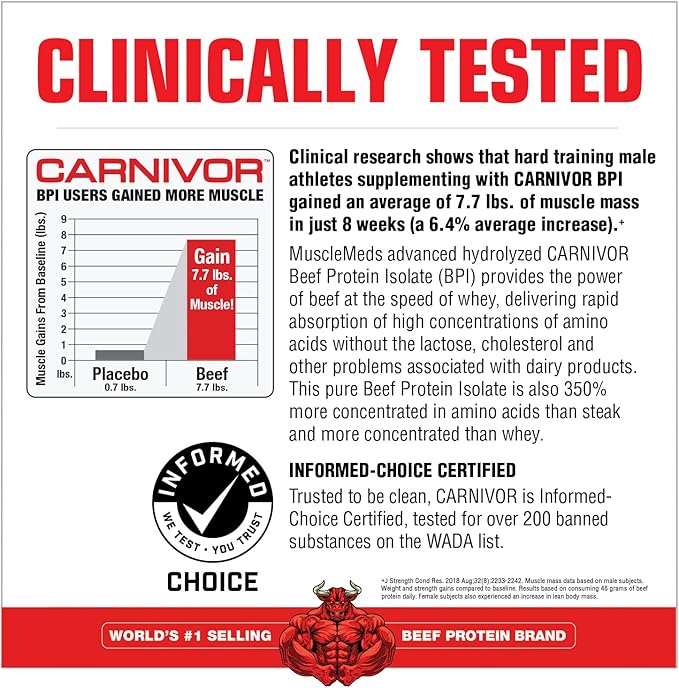 MuscleMeds Carnivor Beef Protein Isolate, 0 Lactose, 0 Sugar, 0 Fat, Halal Certified, Strawberry, 3.9lb, 56 Servings, 3.9lb