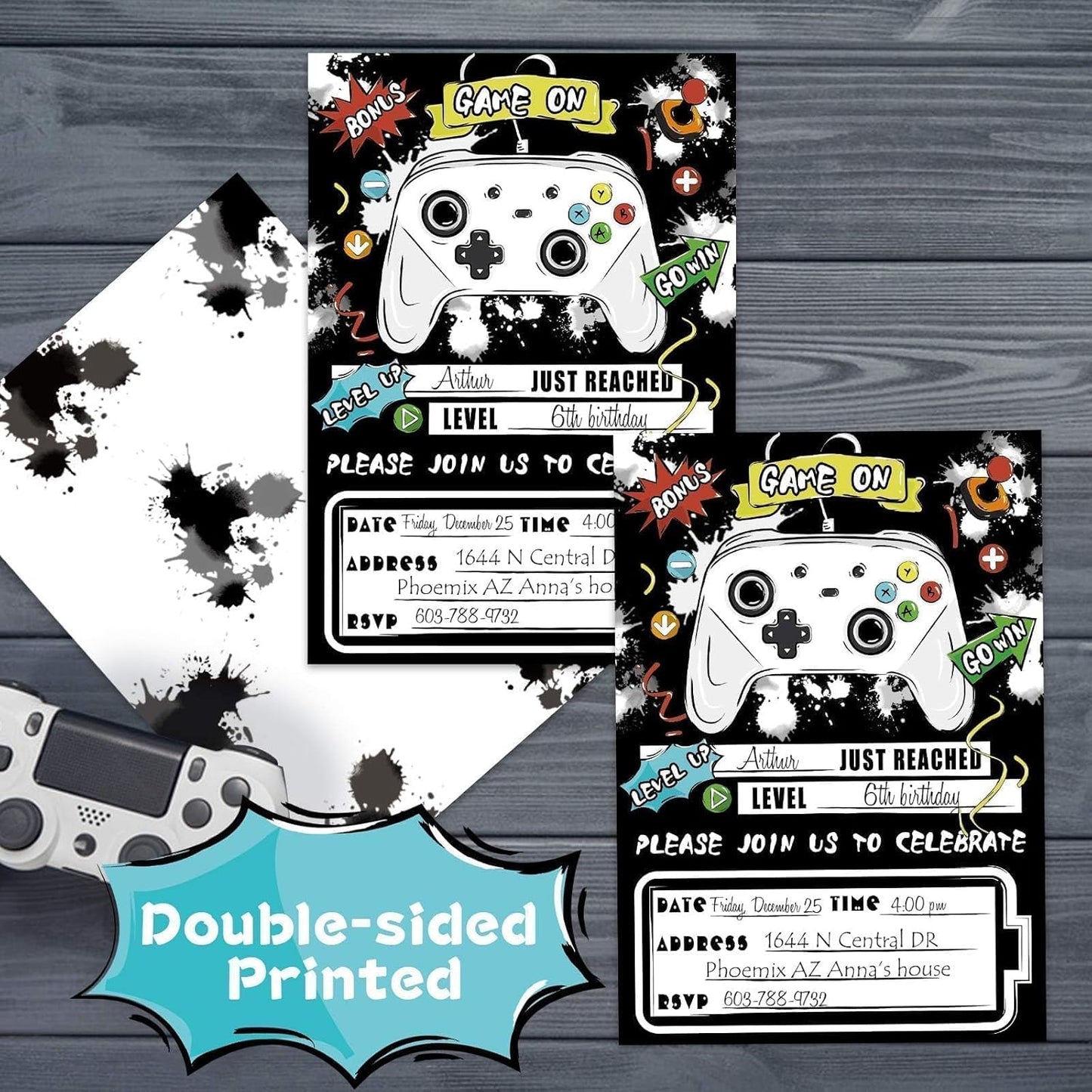 WERNNSAI Watercolor Video Game Party Invites - 20 Set Fill-in Invitations with Envelopes for Boys Game Theme Birthday Party Supplies Double-Sided Printed Invitation Cards