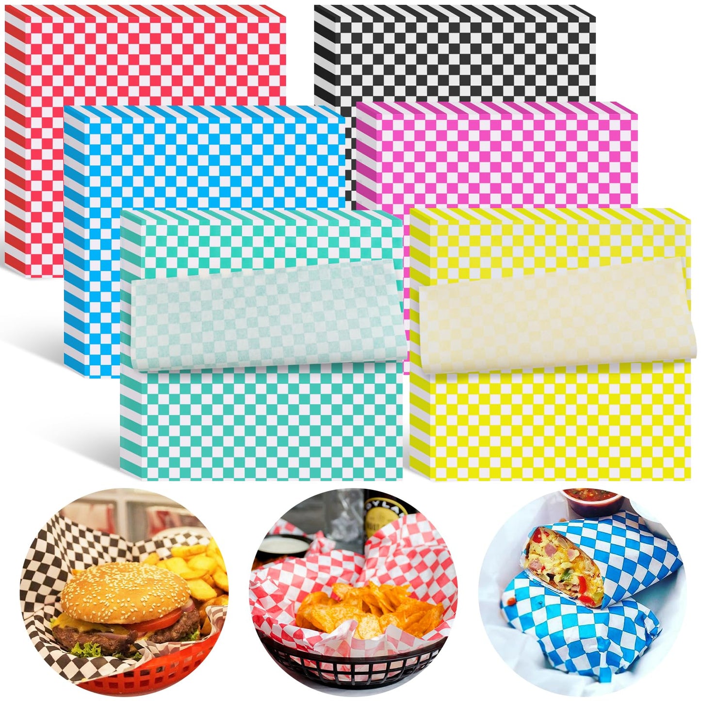 Ninsula Deli Paper Sheets 126P, 11.5x11.5 In Checkered Sandwich Paper Wraps, 6 Colors Basket Liners For Food Serving, Grease Resistant Burger Wrappers for BBQ, Picnic, Party