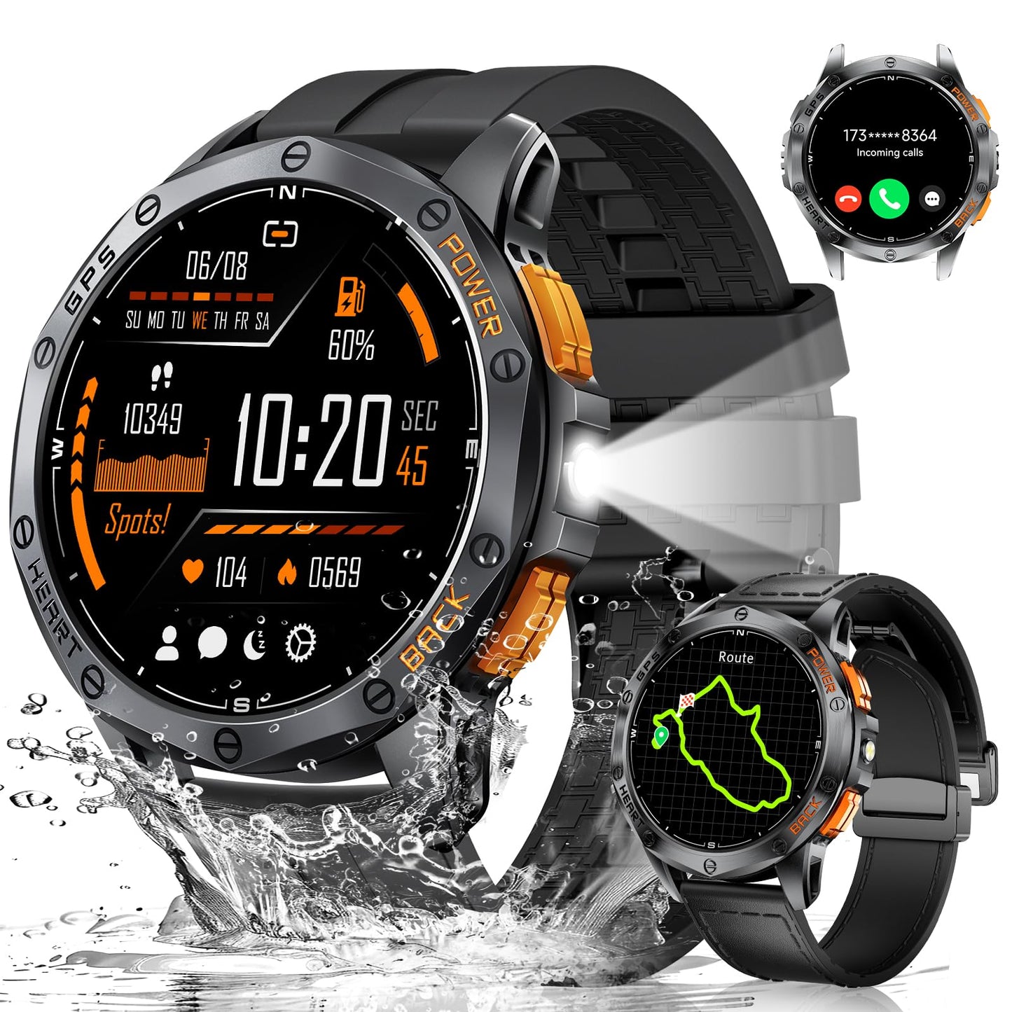 LIGE GPS Military Smart Watch for Men, LED Flashlight/Compass/45 Days Battery/IP68 Waterproof 1.43'' AMOLED Smartwatch, 100+ Sports Modes Fitness Tracker Watch, Rugged Smart Watches for Android iOS