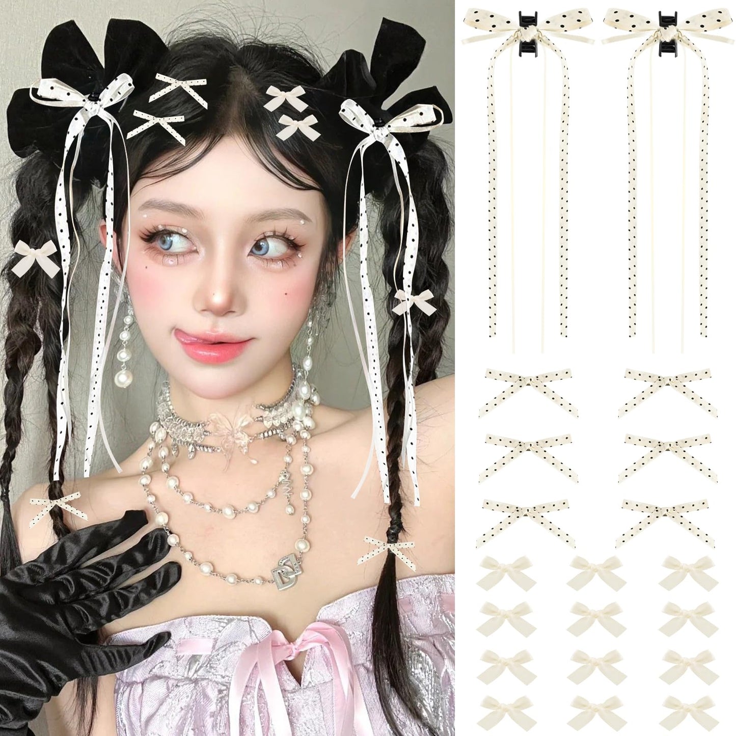 Mini Hair Bows for Women Girls Cute Hair Clips Small Alligator Long Tail Hair Ribbon Accessories -3 Styles -22P - Polka Dots