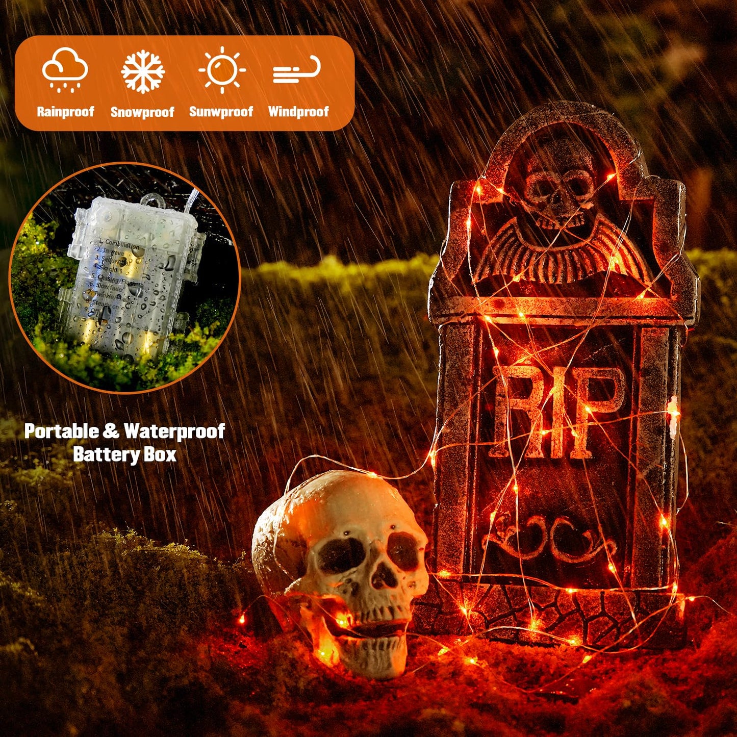 JMEXSUSS Halloween Fairy Lights, 400 LED, 132ft Orange Twinkle String Lights, Battery Operated, 8 Modes, 2 Pack