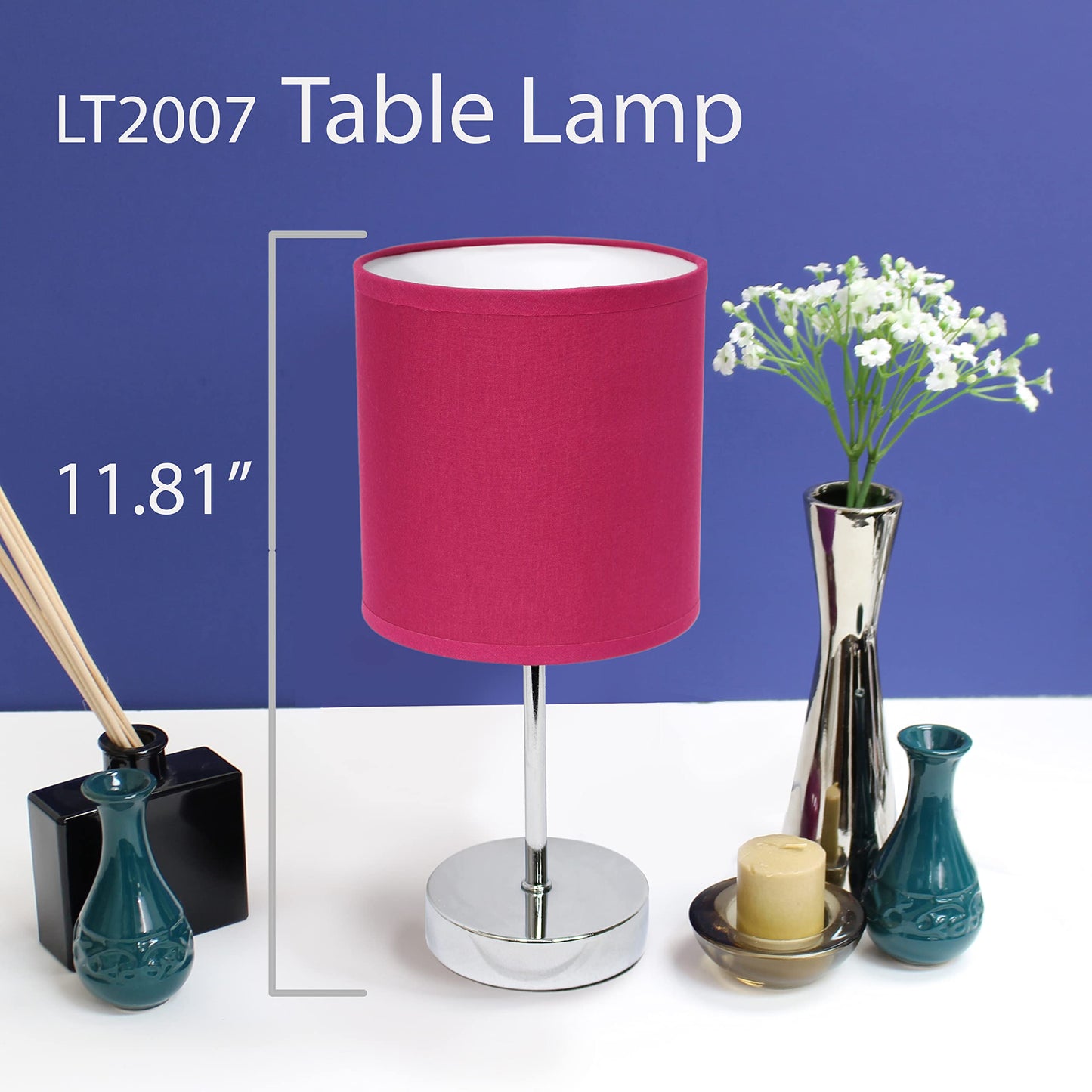 Simple Designs LT2007-HPK-2PK Table Lamp Set, Chrome, Fabric Shade, Hot Pink, No Bulb, 2 Pack