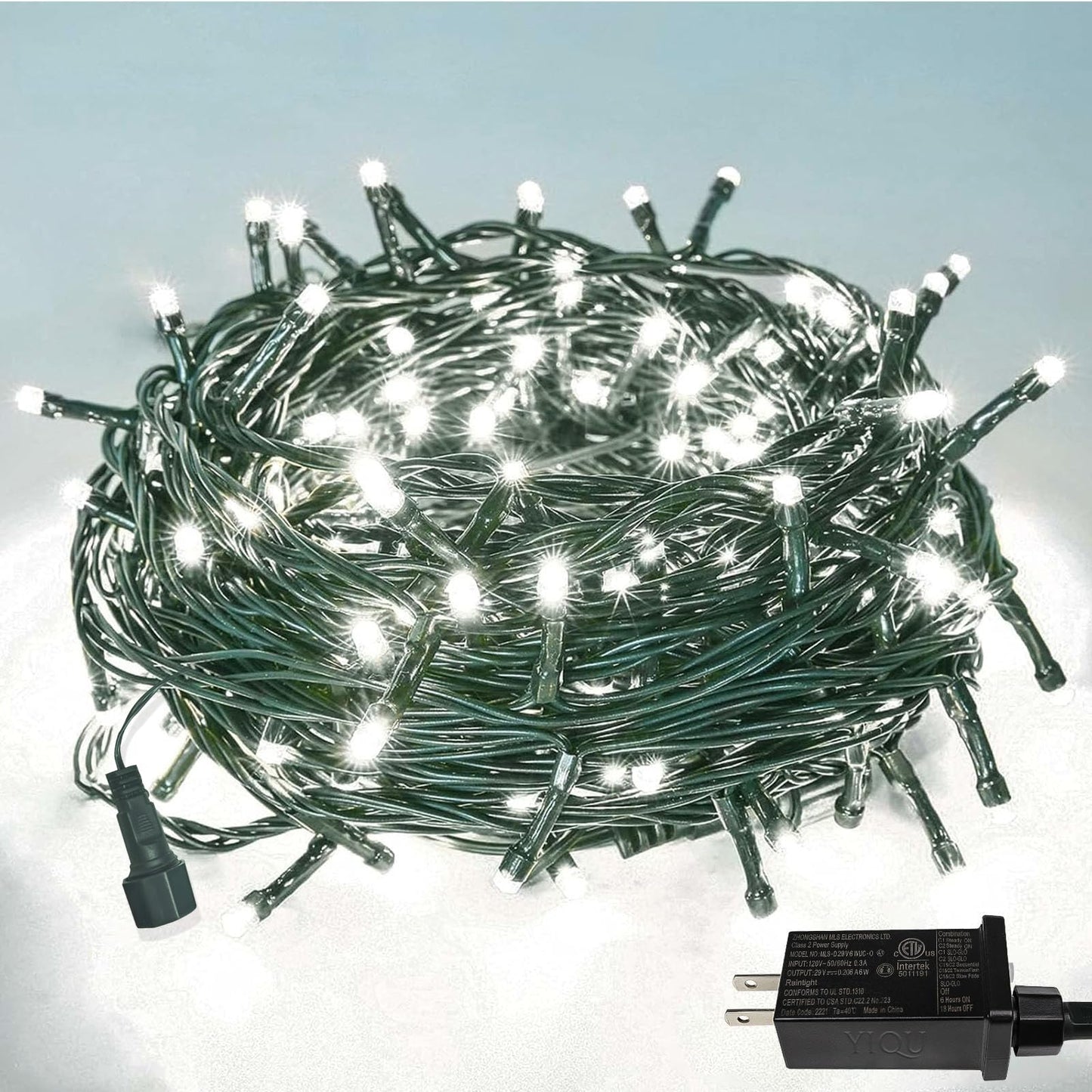 YIQU Christmas String Lights - 200 LED, Cool White, Extendable Green Wire, 8 Modes, Indoor/Outdoor, Model MLS-D29V6WUC-O