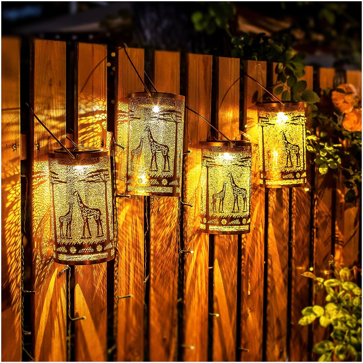 EZTZEN Giraffe Solar Lanterns - 2 Pack, Waterproof Metal Decorative Lights for Outdoor Garden, Brown, Model HW-DL-044-2pack