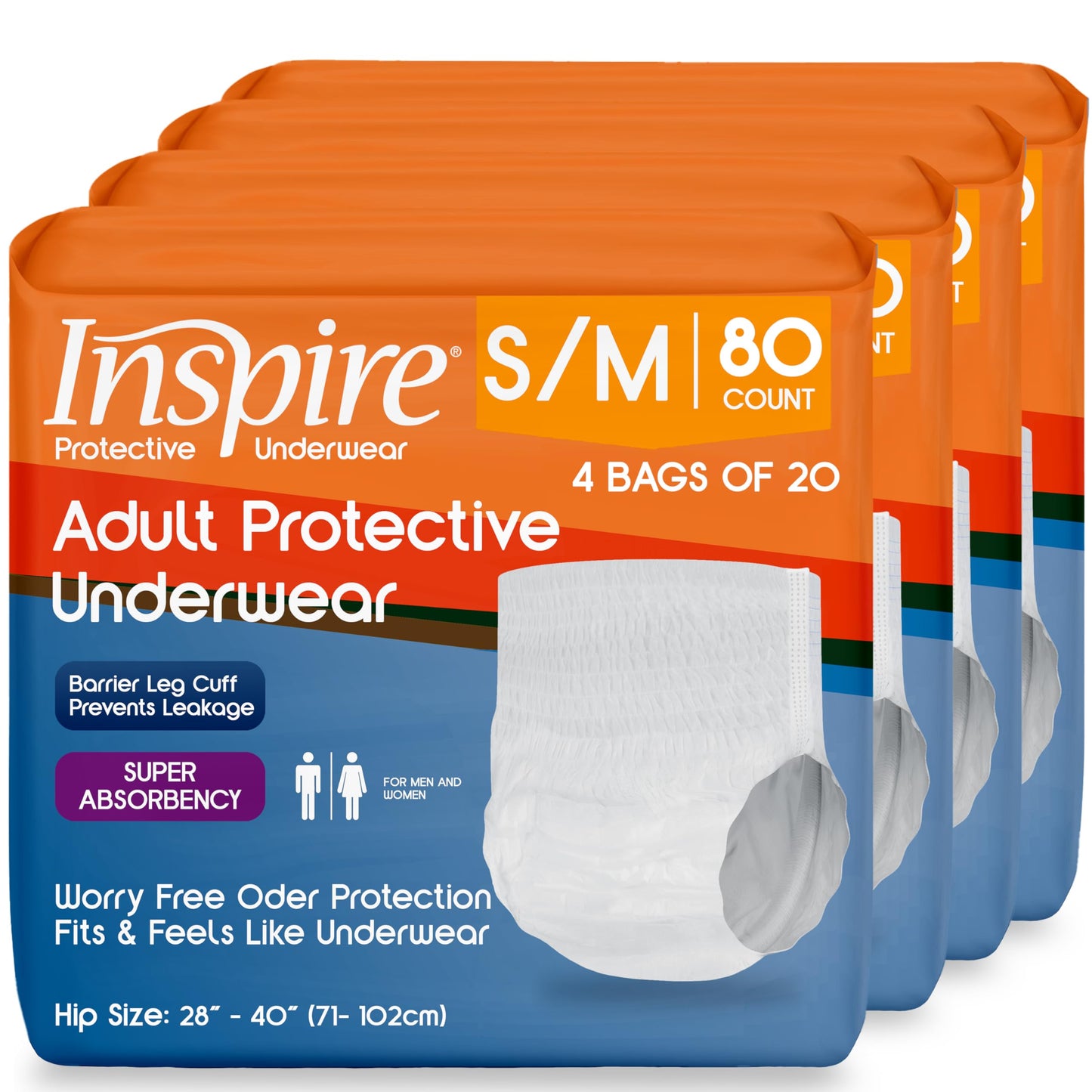 Inspire Protective Underwear for Men and Women | Adult Diapers | Bowel Incontinence Under wear for Adults | Disposable Pull Ups - 4 Bags of 20 | 80 Total (Small/Medium)