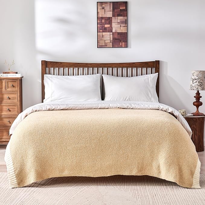 CozeCube Melange Blanket, Ultra Soft Khaki Tan and White Throw Blanket, Warm Cozy Knit Fuzzy Plush Reversible Throw for Couch Bed Sofa, 60"x80"