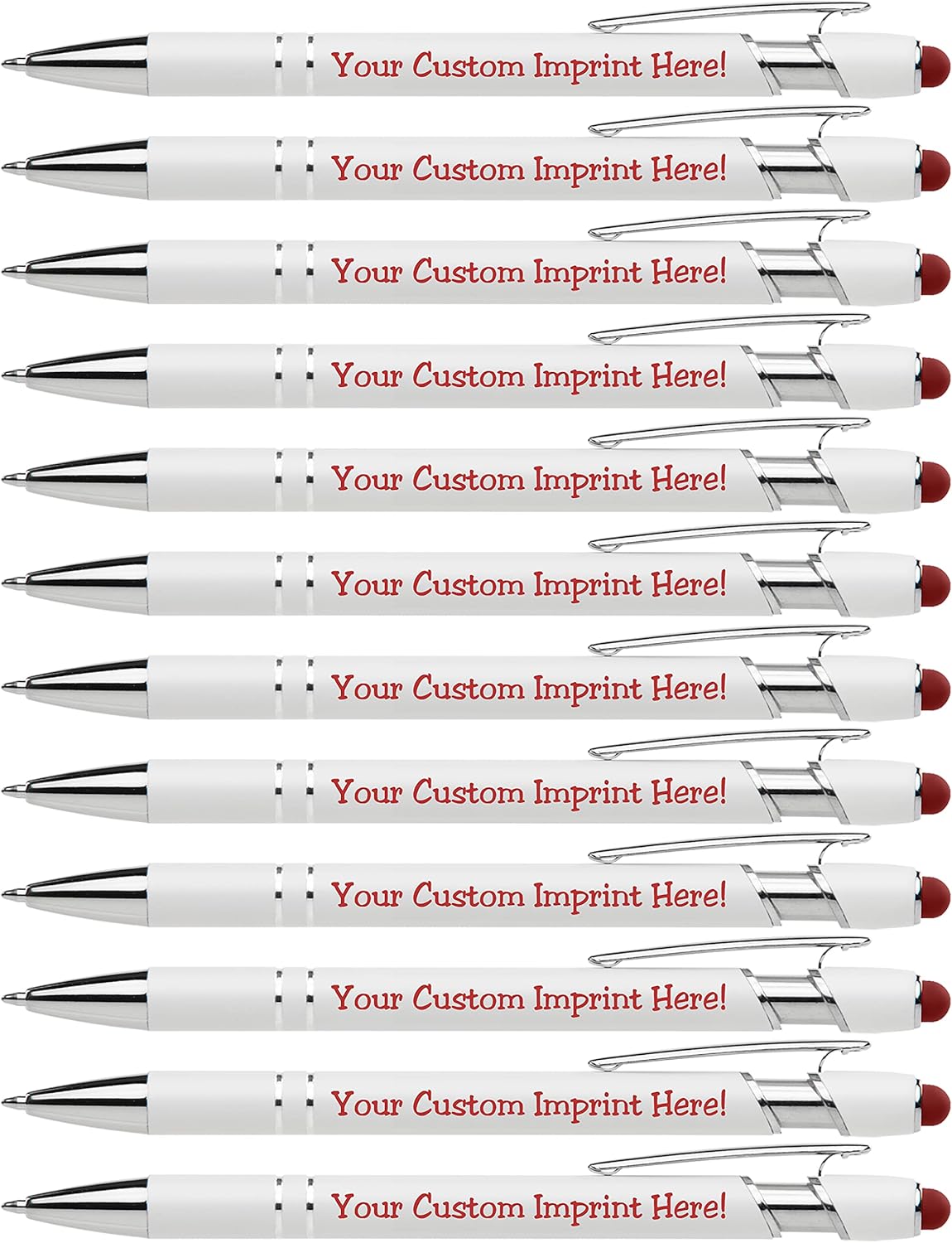 ExpressDesigns™ - Premium Custom Pens with Stylus | Beautiful White | Personalized Soft-Touch Metal Printed Name Pens w/Black Ink - 12 pack (Red)