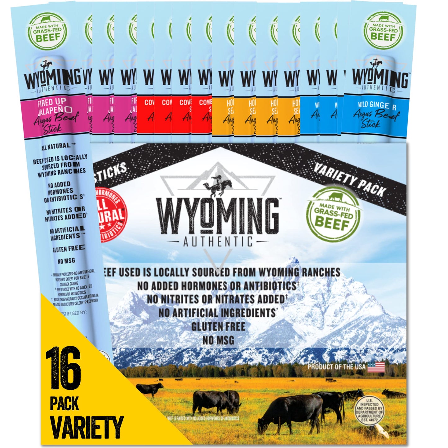 Wyoming All-Natural Grass-Fed Beef Sticks Bulk-Nitrate Free Jerky Meat Stick-No Artificial Ingredients-Clean Tasty Meat Snacks-A