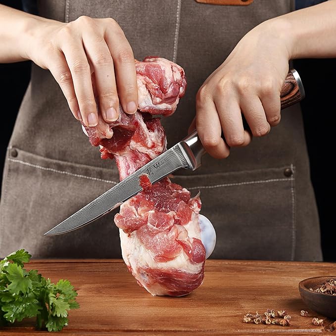 Wakoli EDIB Damascus Boning Knife – 5.7-Inch Precision Blade | Professional Kitchen Knife with VG10 Core, Ergonomic Pakkawood Handle – Ideal for Deboning & Trimming