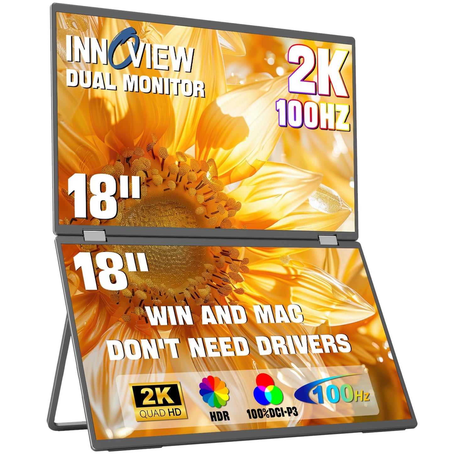 InnoView 18 2K 100Hz Dual Portable Monitor 100% DCI-P3 Dual Monitor 315Adjustable Screen Extender for Windows Mac Laptop with Sp