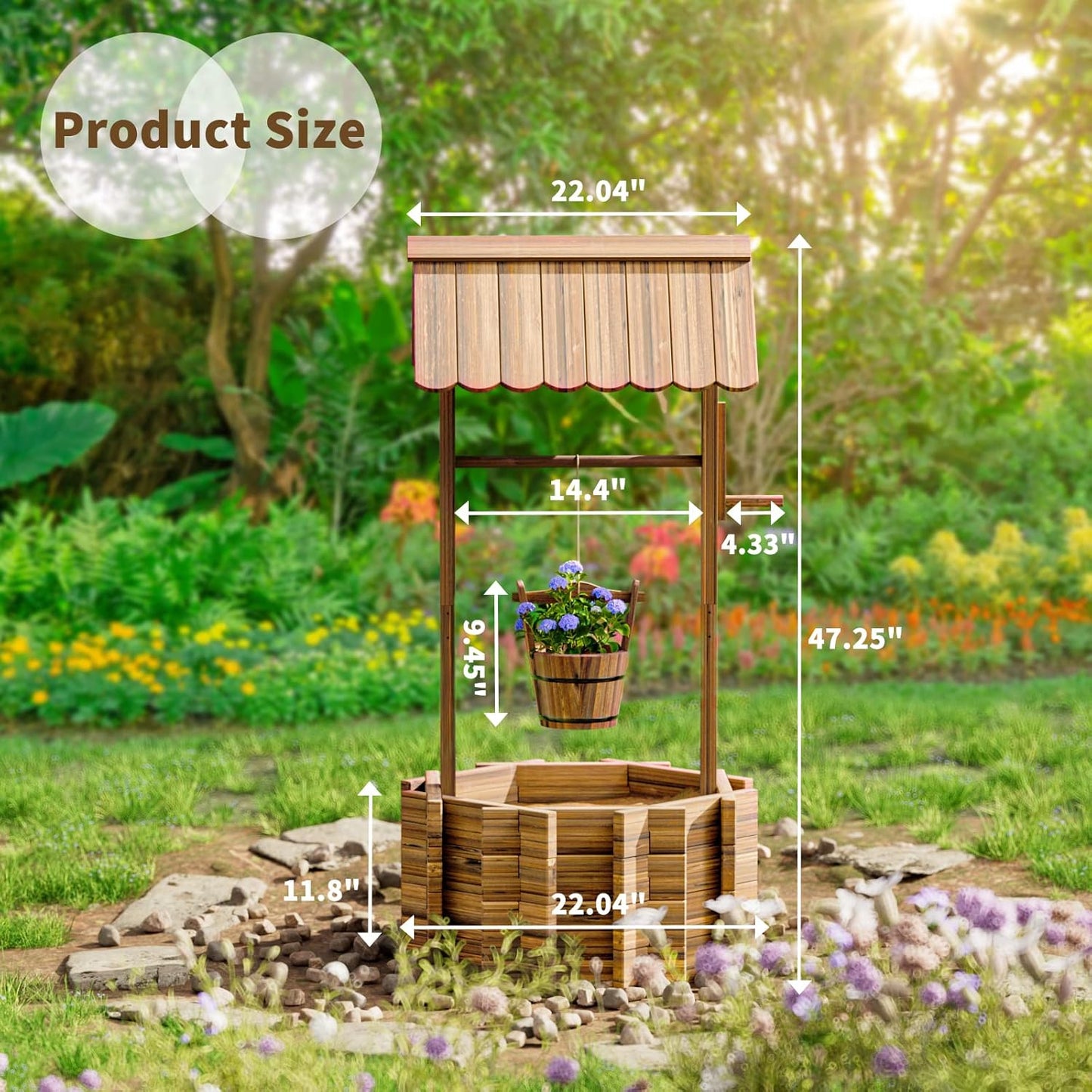 UDPATIO Rustic Solid Fir Wood Wishing Well Planter for Outdoor Plants, 16.5 in Diameter