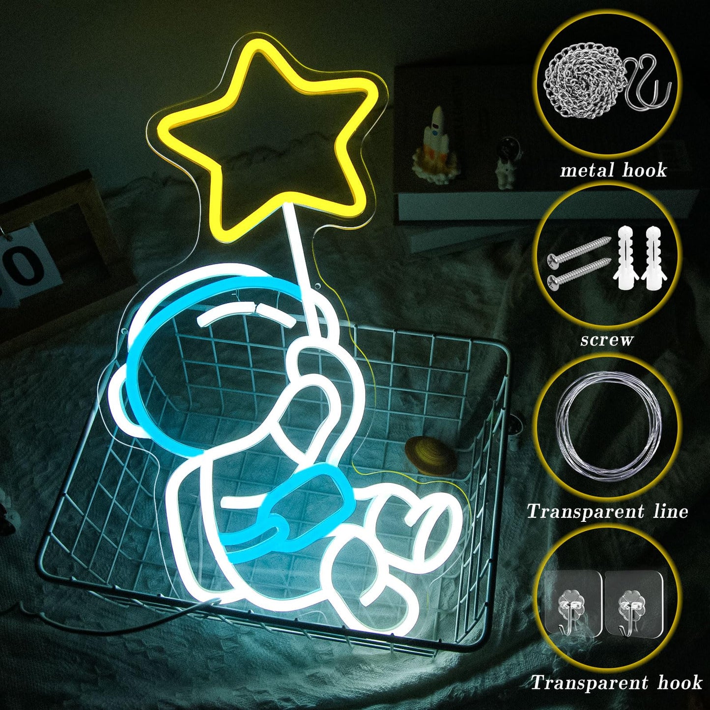 Astronaut Star Neon Sign Spaceman Led Neon Light For Wall Decor Dimmable Astronaut Holding Stars Signs Lights Space Decor For Boys Christmas Gift  Kids  Game Room  Man Cave