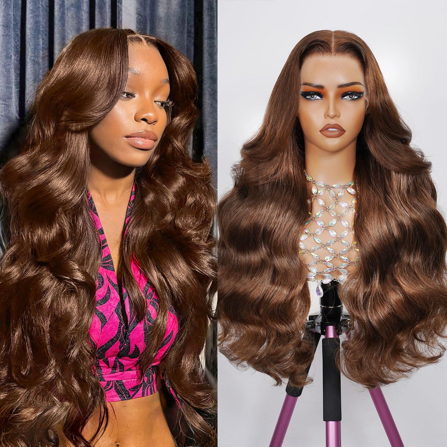 DOLLY PRETTY 28 Inch Chocolate Brown Lace Front Wig 13x6 Body Wave Lace Front Wigs Human Hair 200 Density Pre Plucked 4# Colored