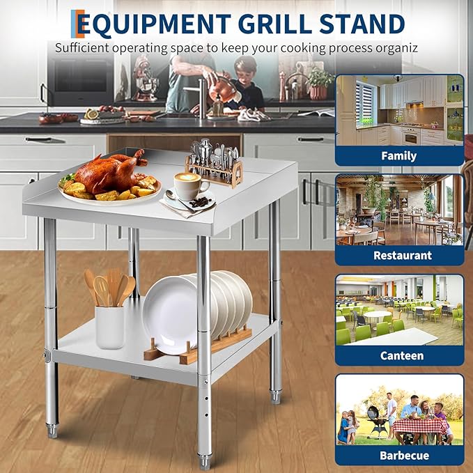 24x24x30 in Stainless Steel Equipment Grill Stand Table 400 LBS Capacity NSF Certified with Adjustable Legs, 2 in Edge Baffle, for Hotel, Home, Commercial Restaurant Kitchen
