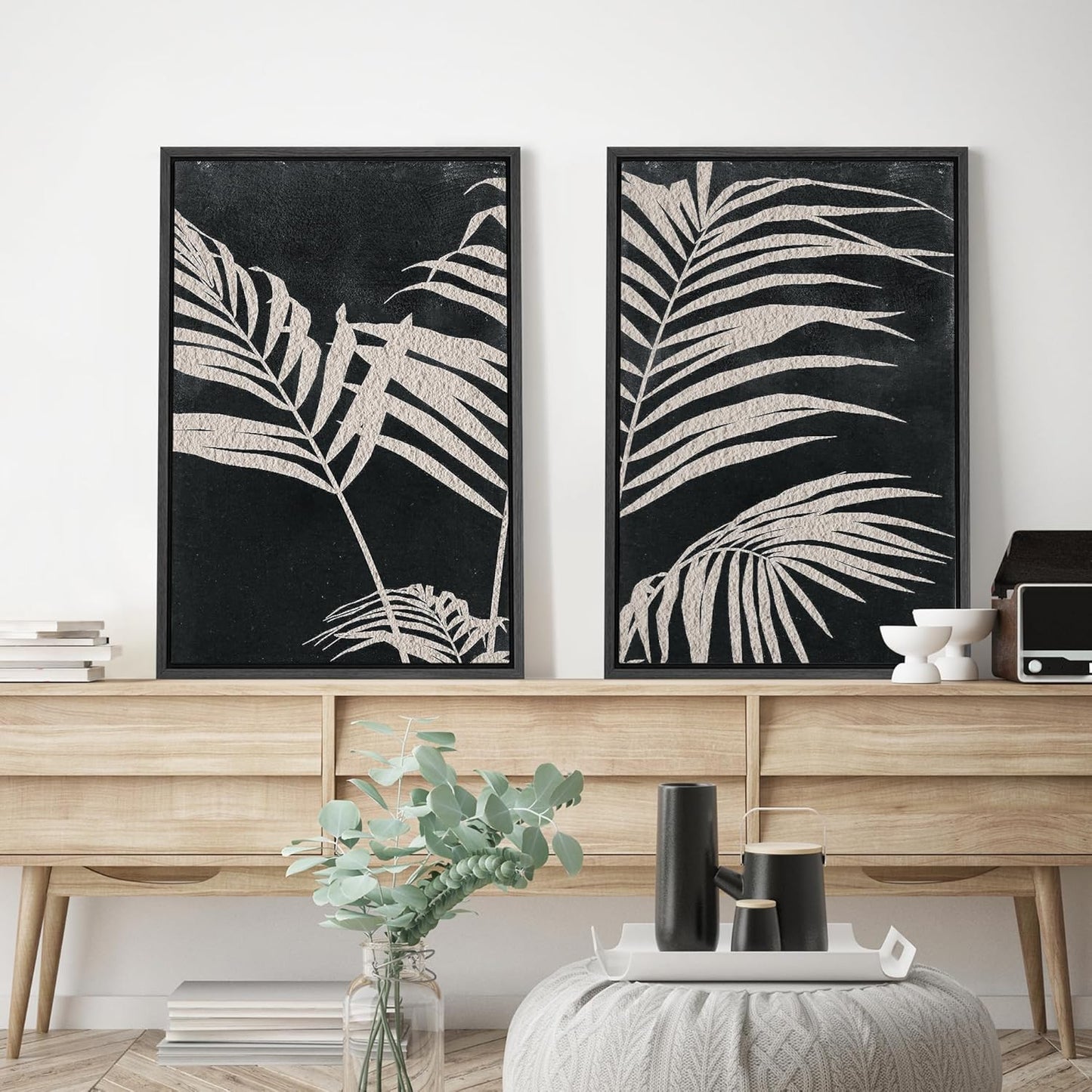 SIGNWIN Framed Canvas Print Wall Art Palm Leaf Print, Minimalist Wall Art, Black White Wall Art Prints for Living Room, Bedroom, Office - 16"x24"x2 Black