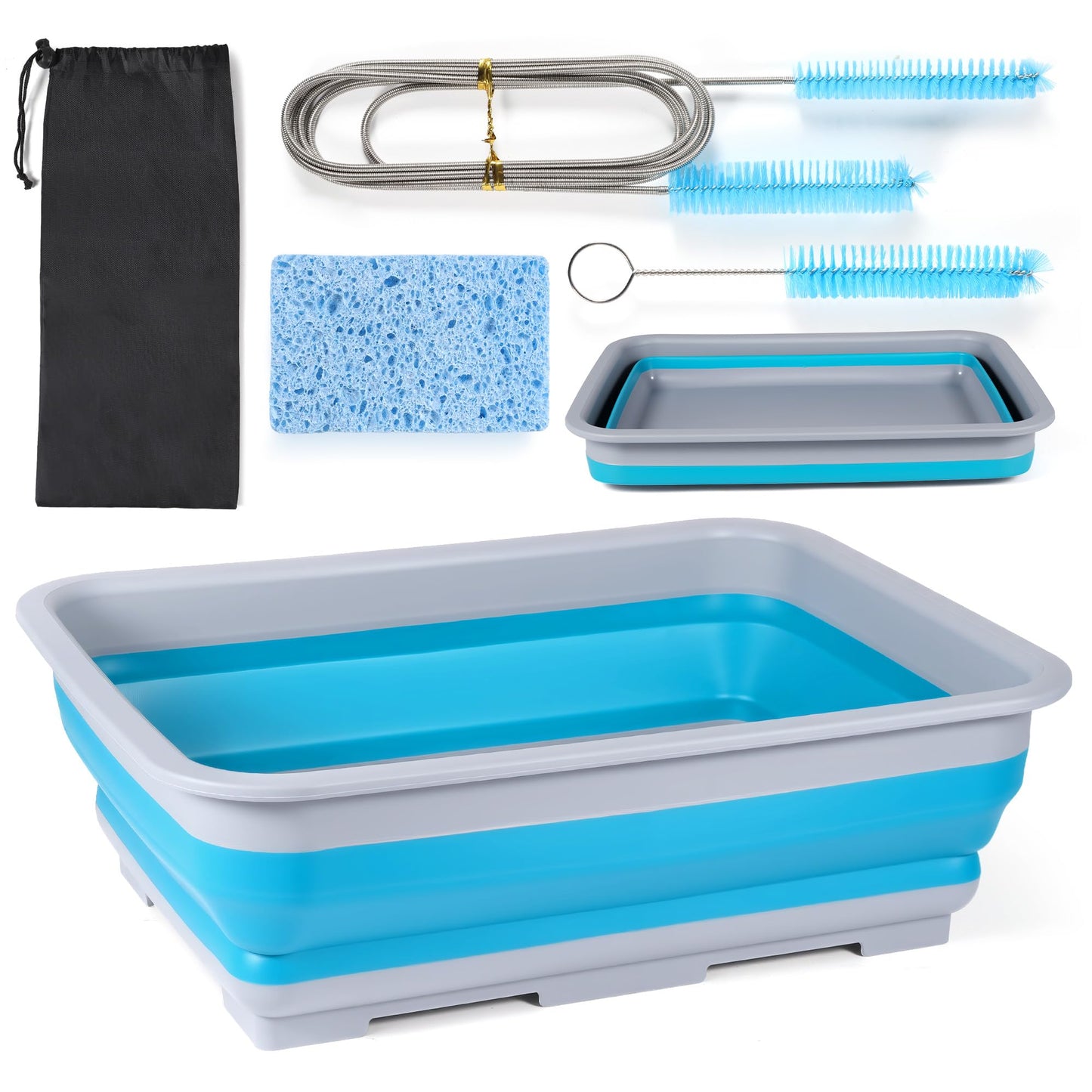 Tacare CPAP Cleaning kit Hose and Mask Brush with Collapsible Wash Basin Tub，Sponge and Storage Hag，6.9ft Extra Long Hose Brush, Compatible with 15mm and 22mm Hoses