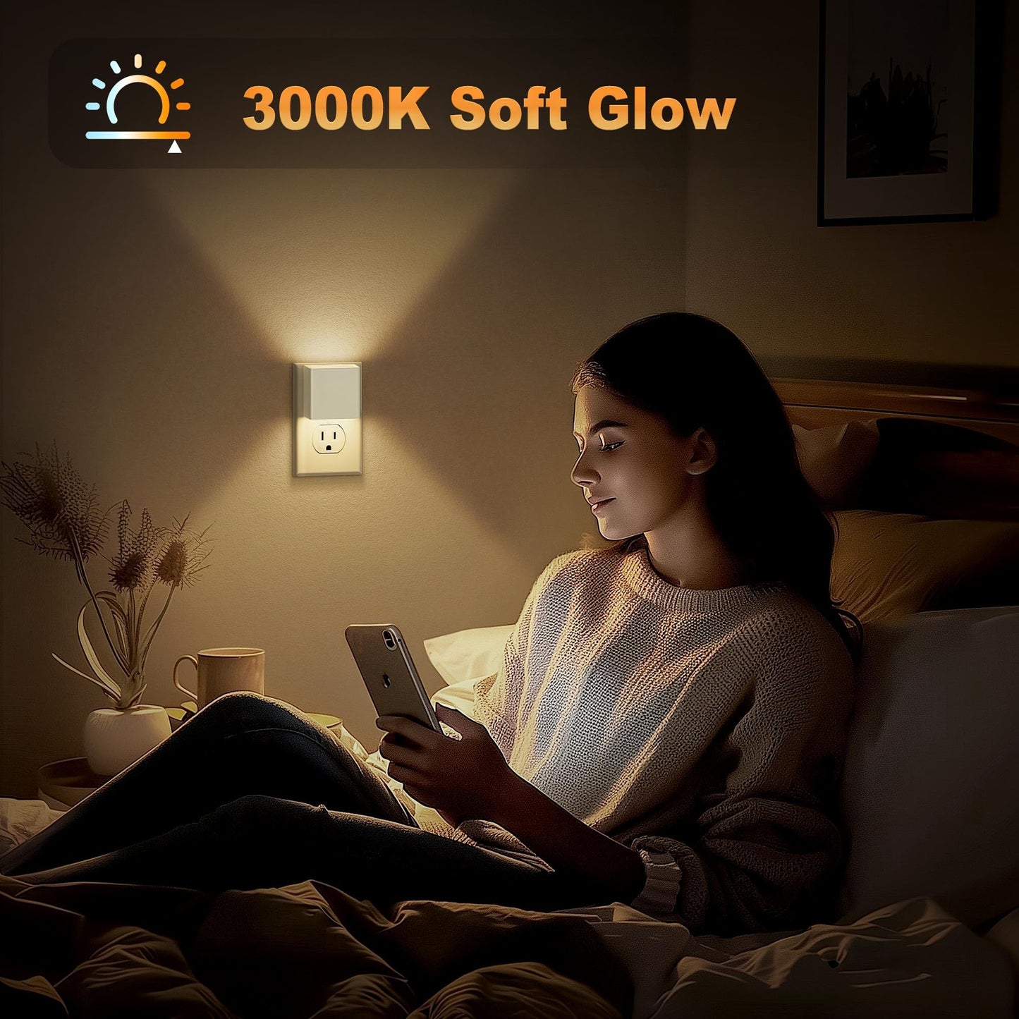 JandCase Night Light Plug-in, Soft White 3000K, Dusk to Dawn, 2 Pack, Electroplate White, Model C-GY10602WHUS-2