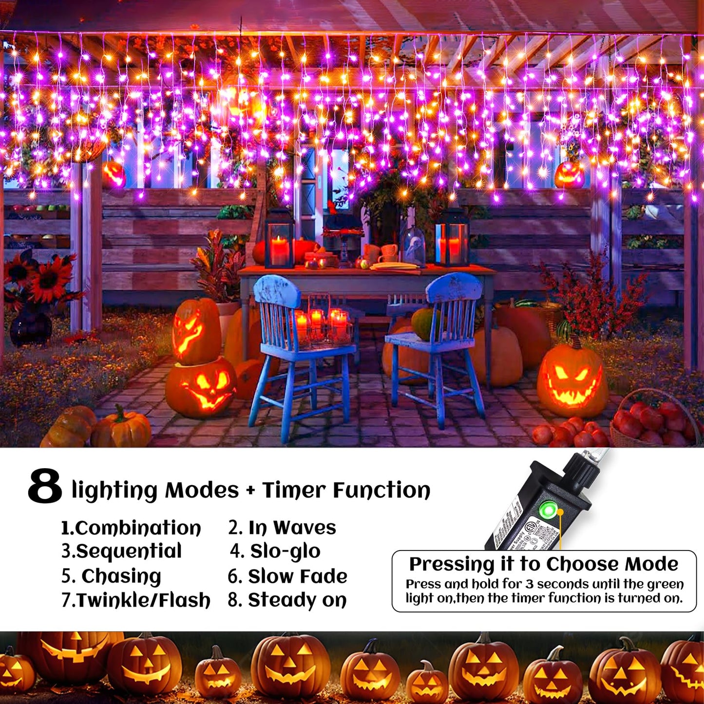 Nielfoi Christmas Lights Outdoor 400LED Icicle Lights 33ft Orange and Purple Clear Wire Holiday Decor