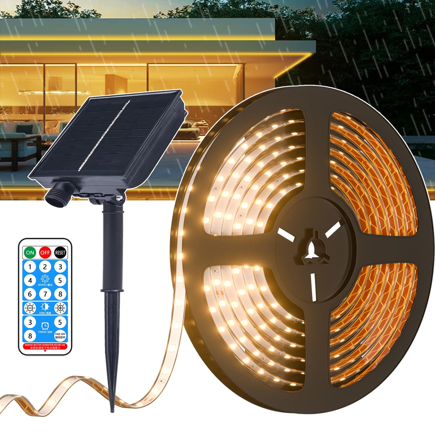 Uniontang Solar LED Strip Lights, 16.4ft, 280 LEDs, IP67 Waterproof, Warm White, with Remote Solar Panel Control Box