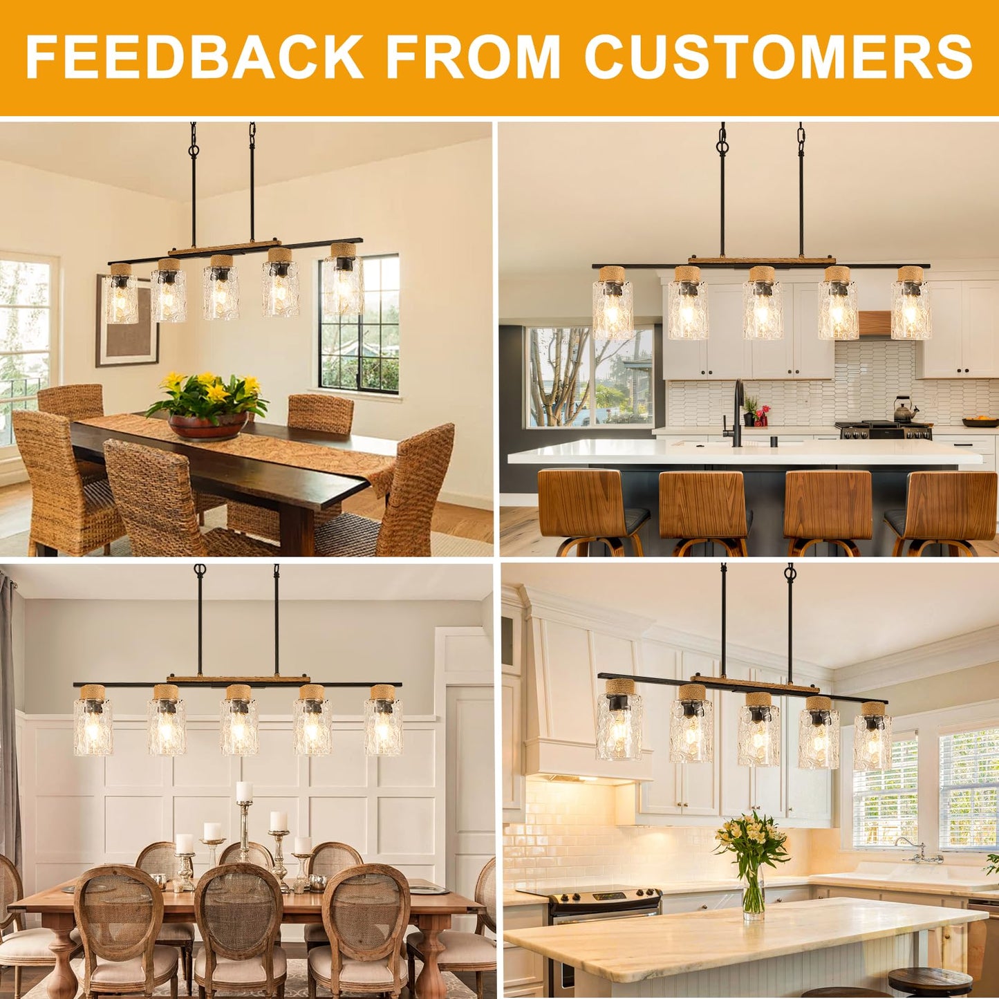 UnicozoHome Dining Room Chandelier, 5-Light Metal Pendant Light, Matte Black, Clear Glass Shade, 33.5in Rustic Farmhouse Design