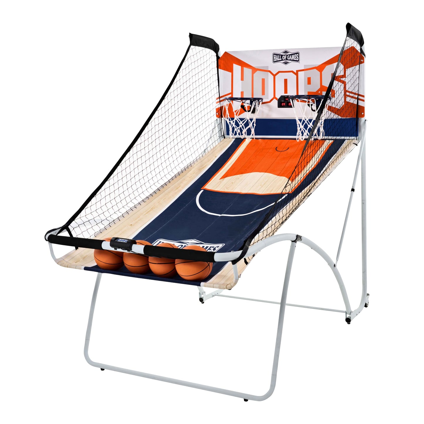 Hall of Games EZ Fold Premium Indoor Arcade Basketball Game, Steel Frame and Dual Shot Electronic Scoring with 4 Size 3 Basketballs Included, Perfect for Basement Game Rooms