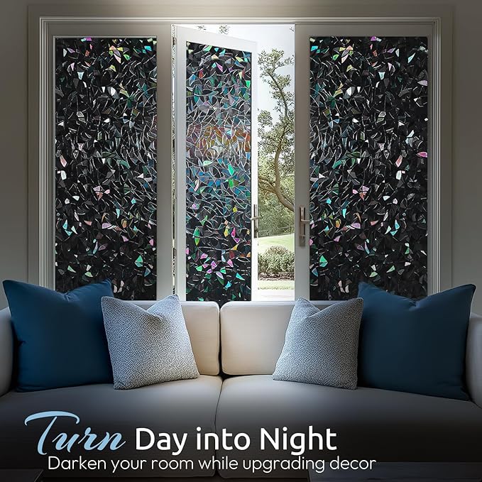 rabbitgoo Window Privacy Film Rainbow Film Decorative Window Sticker, 3D Static Stained Glass Cling Tint for Room Darkening Day Sleep, Black, 35.4 x 118.1 inches