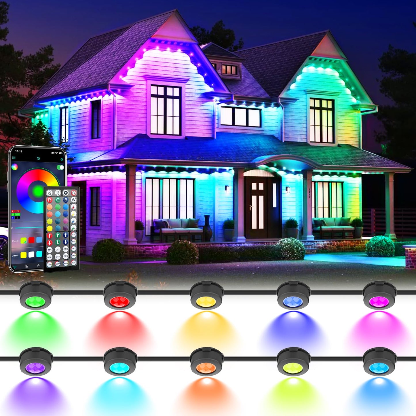 Geodurn LED String Lights, 200 FT Waterproof, Color-Changing, App/Remote Control, Black, Model DCD-60M