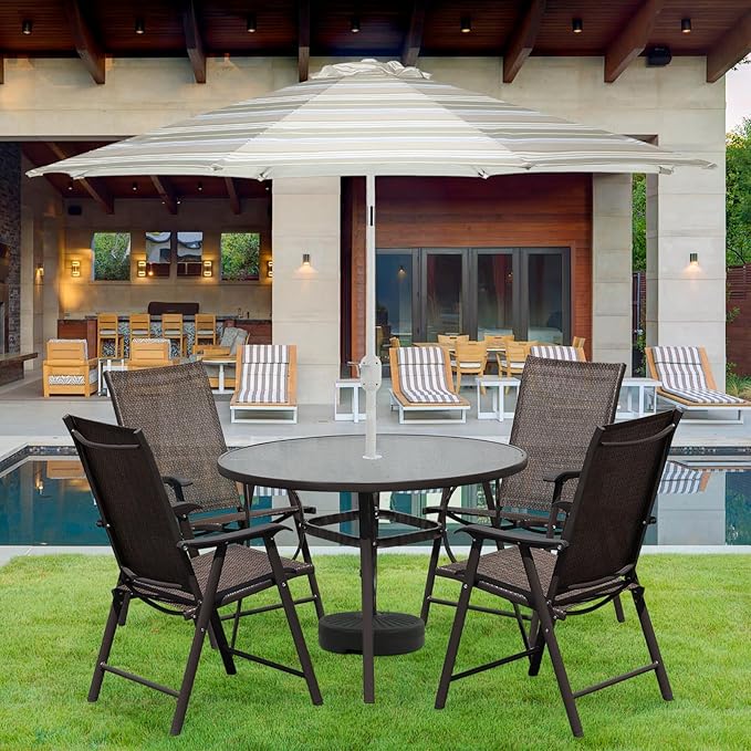 Aoodor Folding Patio Dining Chairs Textilene Fabric, Outdoor Steel Frame for All Weather Use, Fit for Porch, Lawn, Yard, Set of 4, Brown