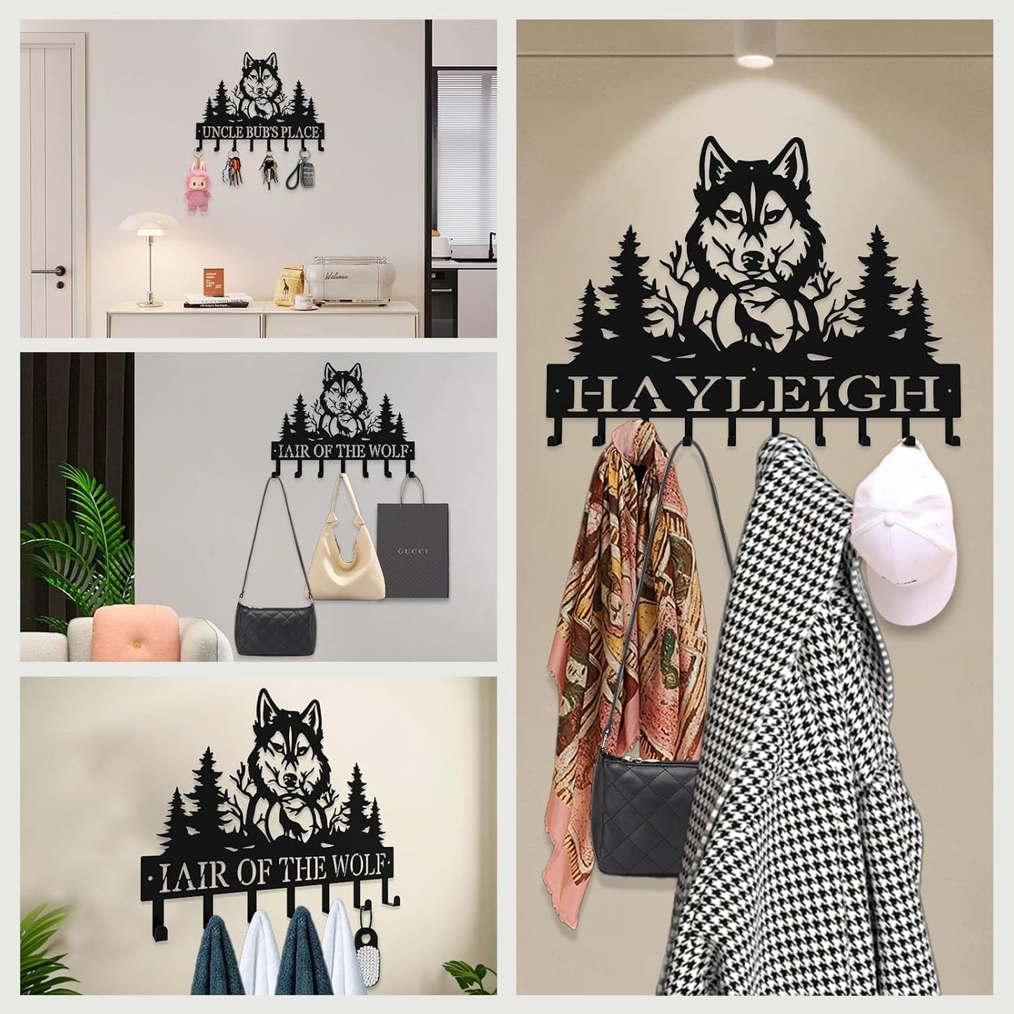 Personalized Key Hooks for Wall,Custom Name Mighty Wolf Key Holder Wall Mounted,Fashion Coat Rack,Metal Key Hanger with Hooks,Key Rack Organizer for Entryway,Hallway,Doorway
