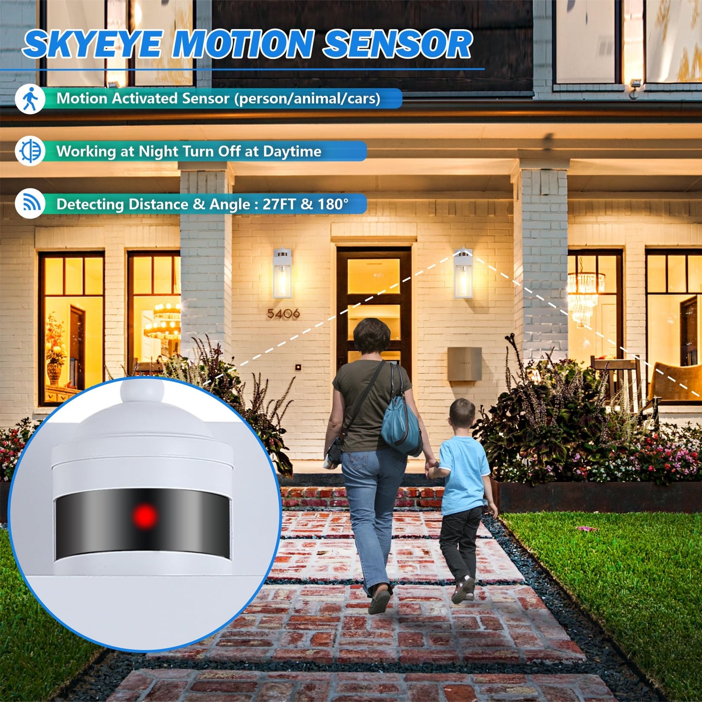 Dakaful Motion Sensor Outdoor Lights - 2-Pack, Modern White Led Wall Sconce, 3 Lighting Modes, Model Dk-Msor-Qx-02