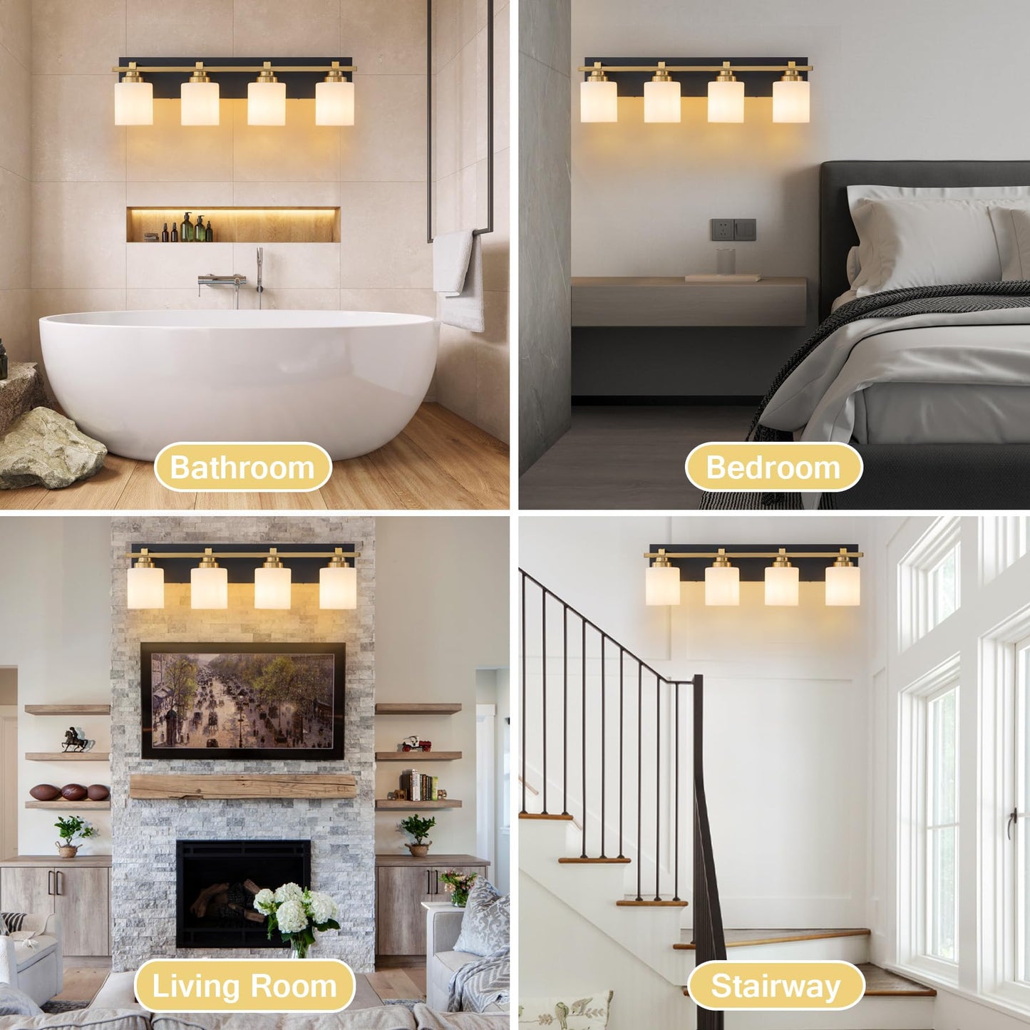 Brknit 4-Light Modern Bathroom Vanity Light Fixture, Black Gold With Milky White Glass Shades, E26 Socket, Model J0057-6-4T
