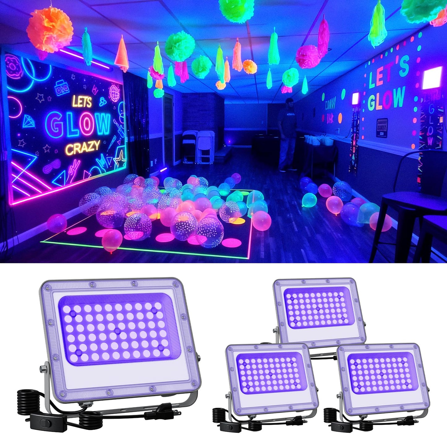 4 Pack 50W Halloween Blacklight Flood Lights Wired 120V Ip66 Waterproof Uv Led Black Lights For Holiday Decor  Skeleton  Bat  Witch  Body discomfort-reducingt  Glow Party  Purple Ambiance Lighting For Wall  Yard