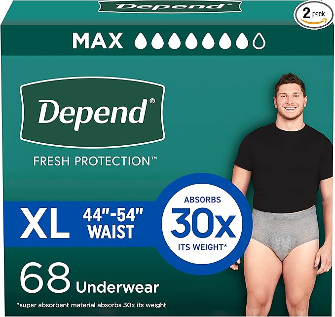 Depend Fresh Protection Adult Diapers, Incontinence Underwear for Men, Disposable, Maximum, Extra-Large, Grey, 68 Count (2...