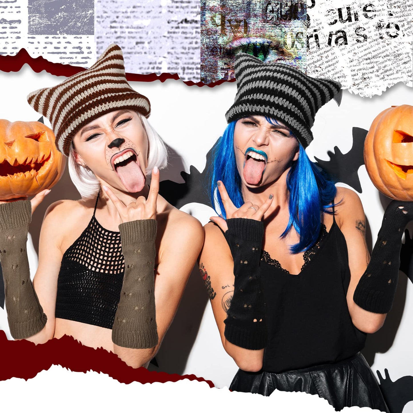 Hercicy 4 Pcs Fairy Grunge Accessories 2 Pcs Y2k Grunge Knitted Cat Beanie 2 Pair Ripped Gloves Winter Warm Knitted Stripe Crochet Hats Beanies with Ears Crochet Glove for Women