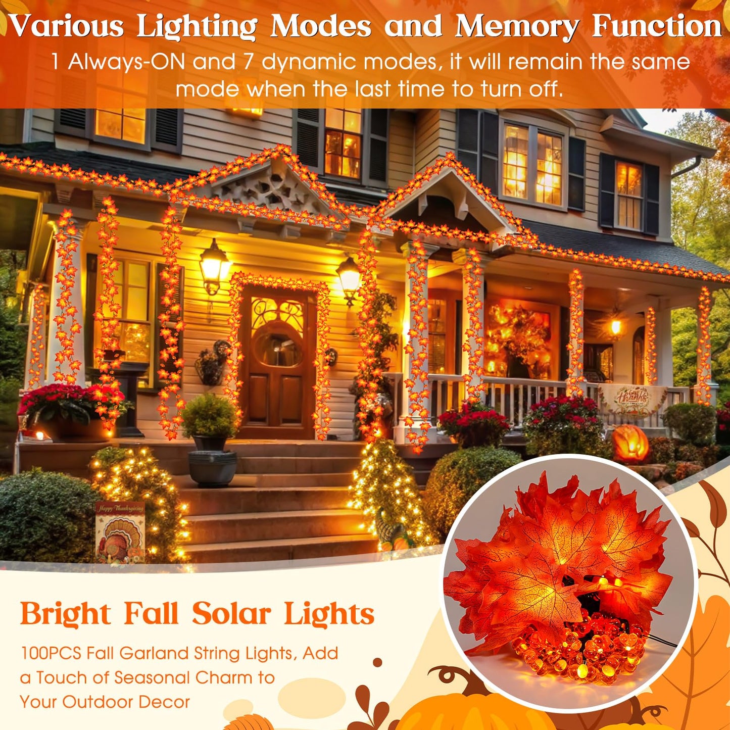 Fall Solar Lights Outdoor Decorative  39Ft Solar Fall Leaves Garland String Lights With 100 Leds And 8 Modes For Porch  Yard  Front Door  Patio  Outside Thanksgiving Harvest Autumn Decorations