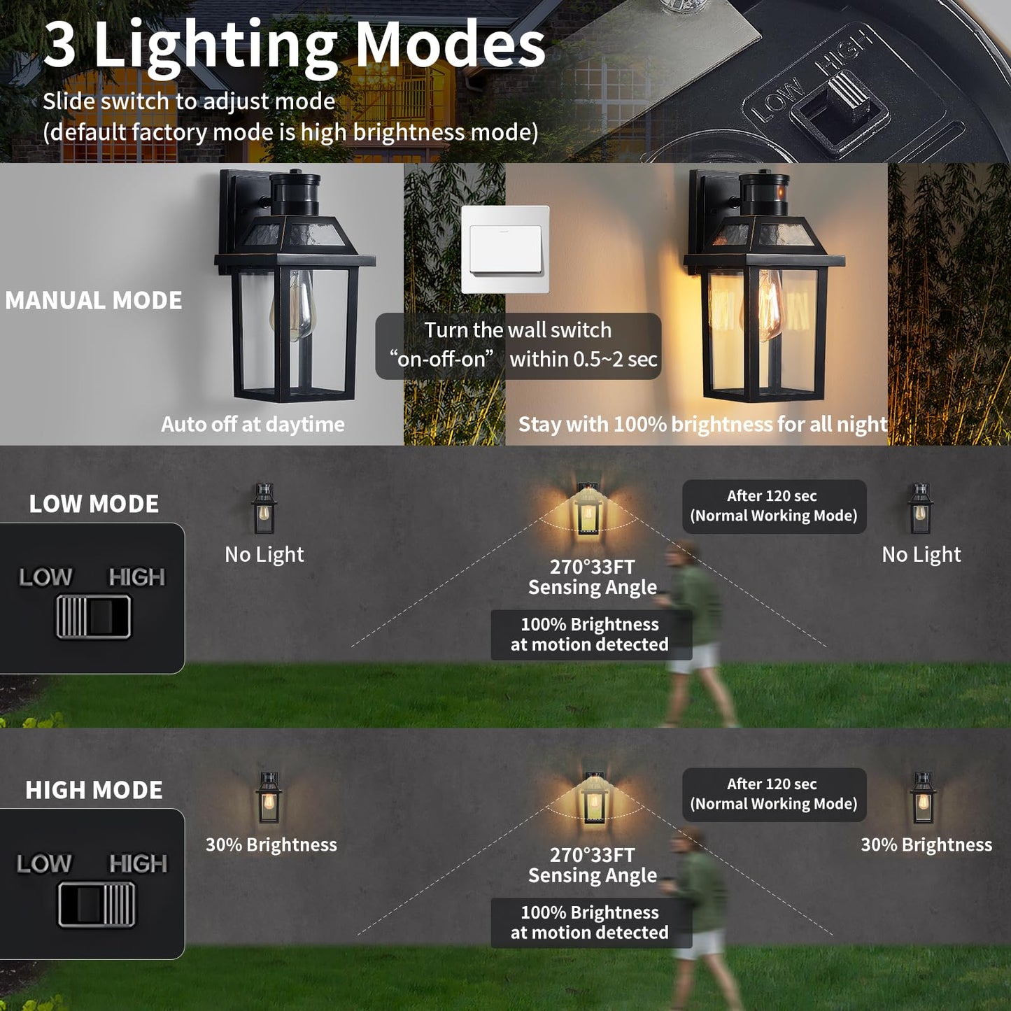 Motion Sensor Outdoor Wall Lights  Porch Light Outdoor 3 Lighting Modes  Dusk To Dawn Exterior Light Fixture  Waterproof  Outside Lights For House Front Door Patio Garage 2 Pack (Black)