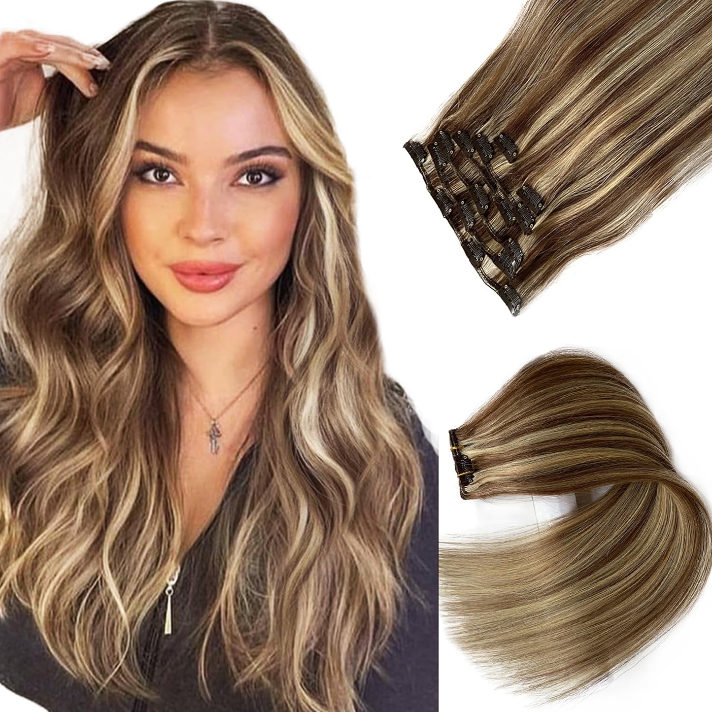 Ubetta Hair Extensions Clip in Human Hair, Chestnut Brown and Blonde Highlights, 22 Inch, 7 Pcs Double Weft Remy Human Hair Exte