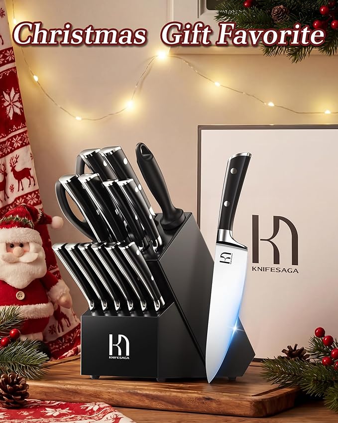 2025 Knife Set 15 Pcs Japanese High Carbon Stainless Steel Kitchen Knife Sets with Block & Sharpener, Premium Razor-Sharp Black Knives Block Set for Kitchen, Ergonomic Full-Tang Handle