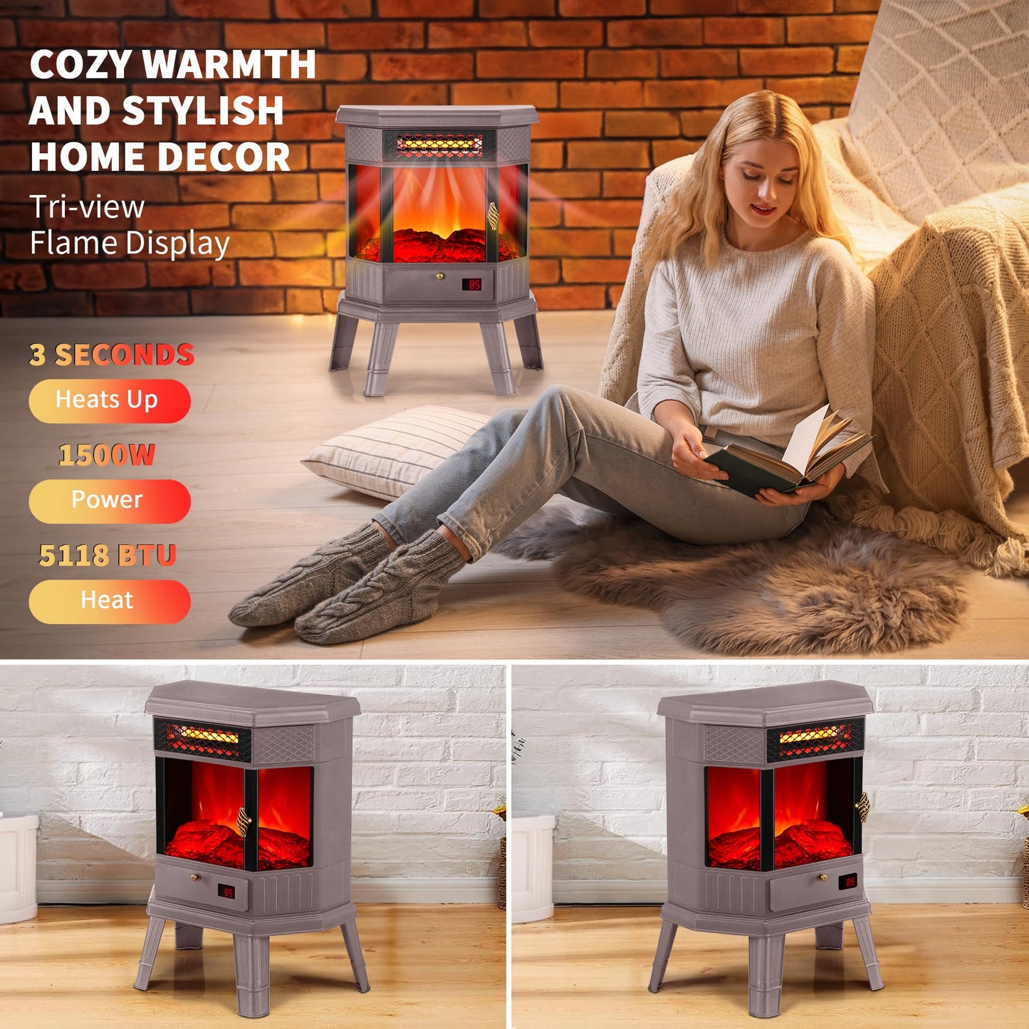 Realsmart Electric Fireplace Heater 22 In Freestanding Fireplace Stove Infrared Fireplace With 3D Flame Effect Remote Control, T