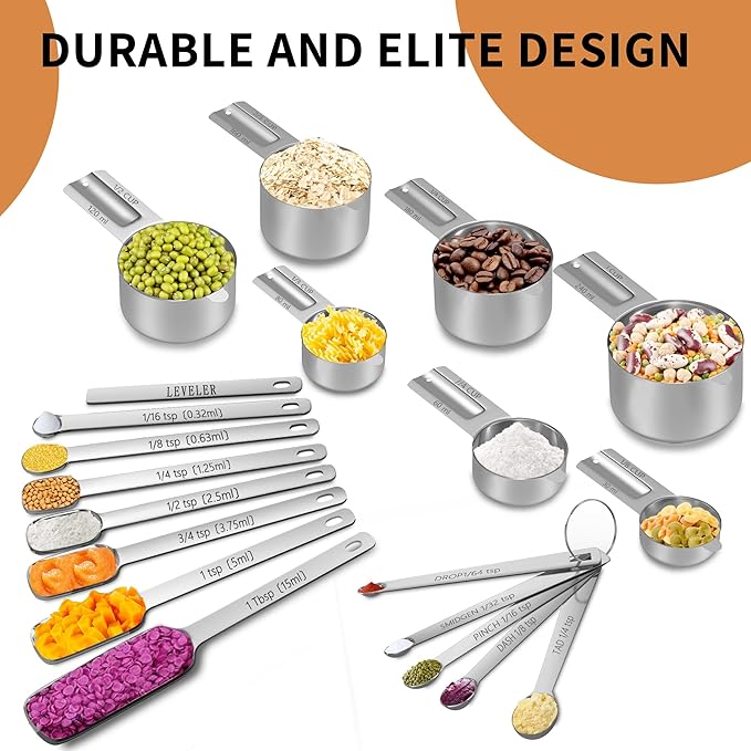 Stainless Steel Measuring Cups and Spoons Set of 20, 7 Nesting Measuring Cups, 7 Spoons & 1 Leveler, 5 Mini Spoon, Kitchen Gadgets for Cooking & Baking, Square