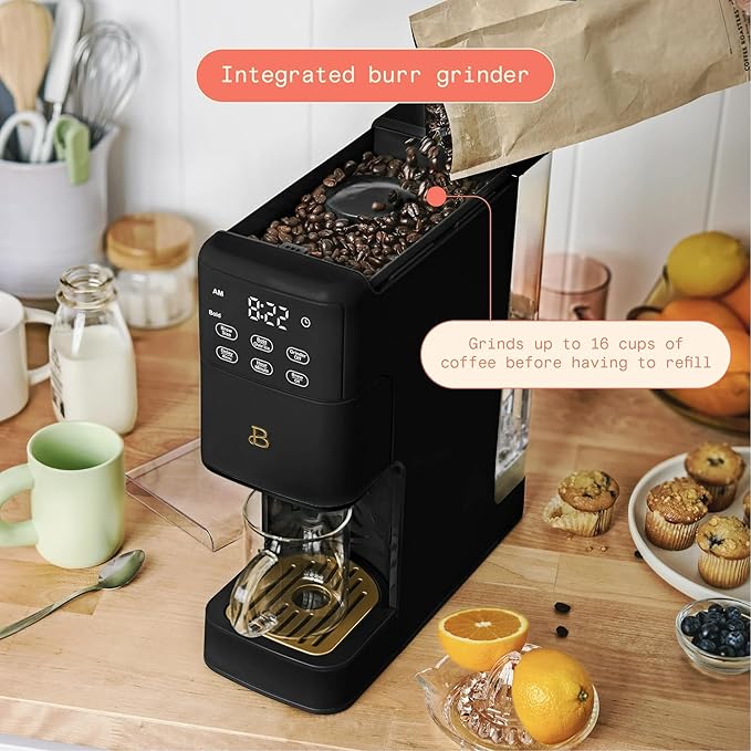 Beautiful™ Perfect Grind™ Programmable Single Serve Coffee Maker – Black by Drew Barrymore, Built-In Grinder for Fresh Grounds, Adjustable Cup Size, Programmable Timer, Reusable Filter, Compact Design