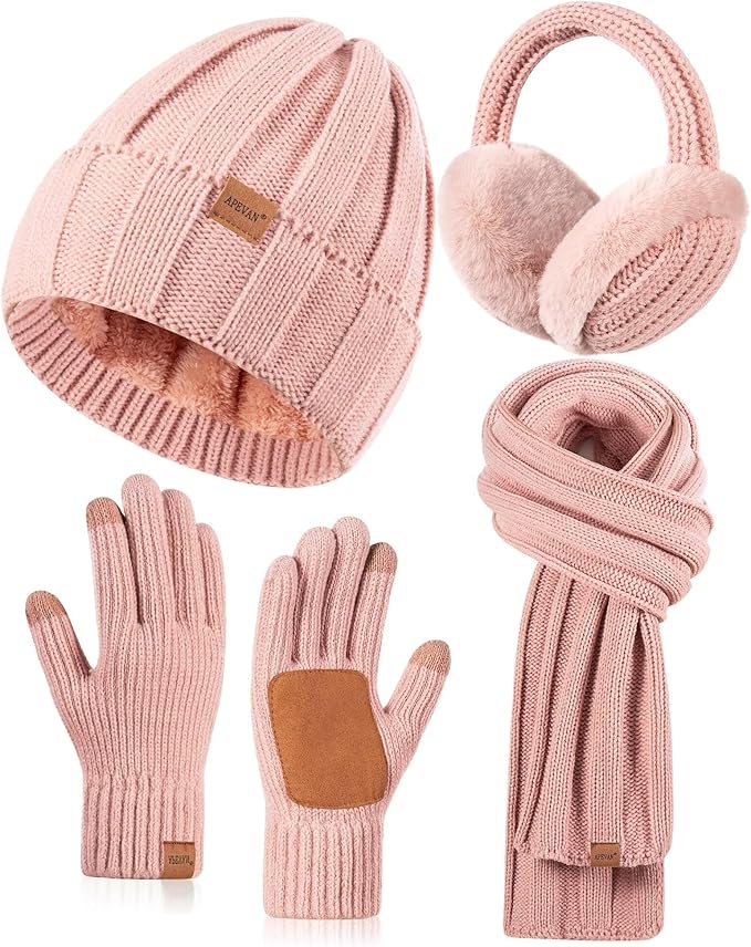 Winter Hat Gloves Scarf Earmuffs Set for Women, Fleece Lined Beanie Long Scarf Touchscreen Gloves Ear Warmer, 4 in 1 Gift Set