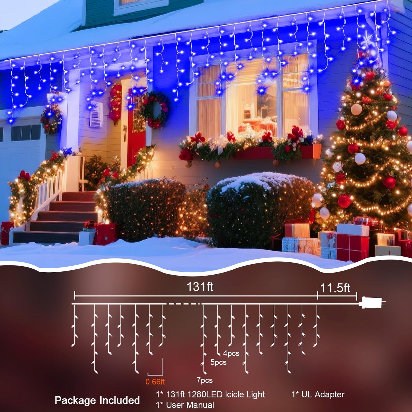Jdgjyds 131 Ft String Lights For Outside  1280 Led Christmas Lights Outdoor Plug In  Christmas String Lights With 8 Modes & Timer For Holiday  Party  Wedding  House  Patio  Outdoor Decor(Blue)