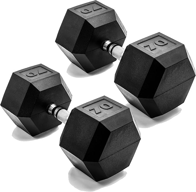 CAP Barbell 70 LB Rubber Coated Hex Dumbbell Hand Weight - Pair | Chrome Handle