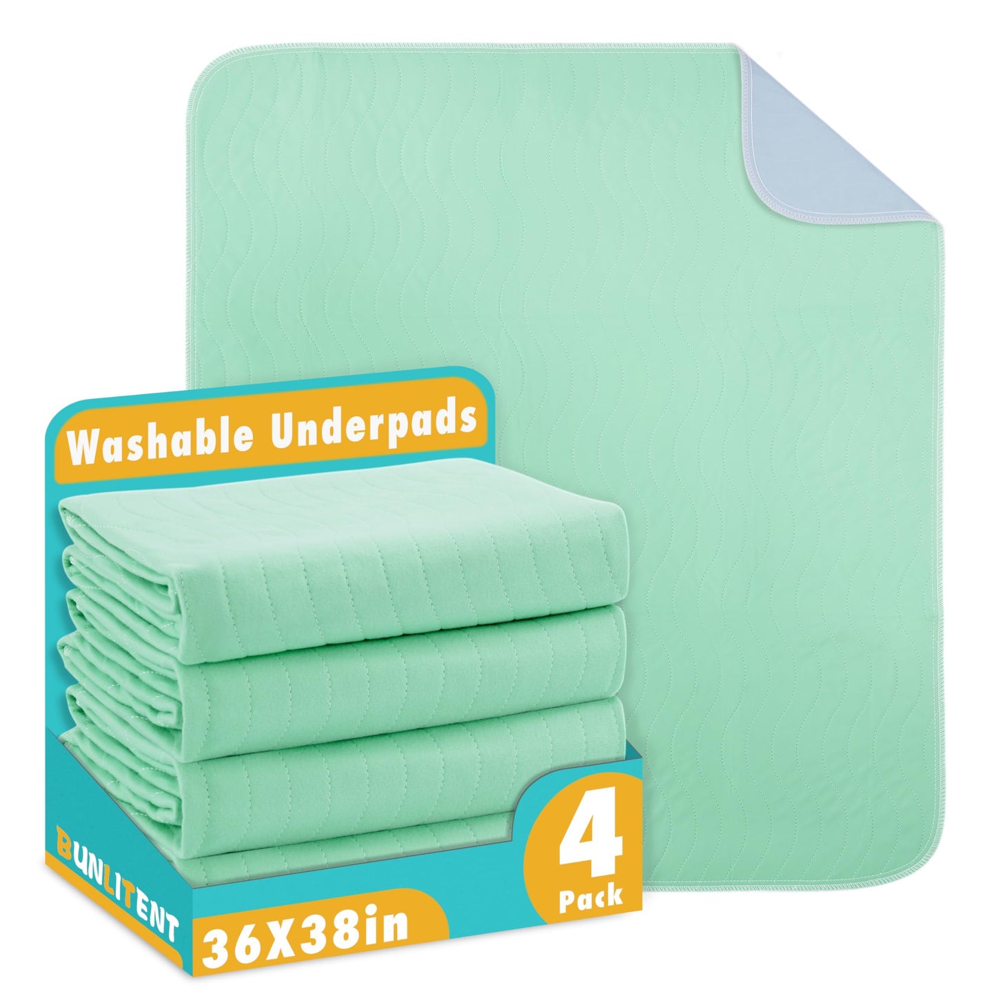 Bunlitent Washable Underpads, 36" x 38", 4 Pack - Heavy Absorbency Reusable Bedwetting Incontinence Pads for Kids, Adults, Elderly, and Pets - Waterproof Protective Pad for Bed, Couch, Sofa, Floor