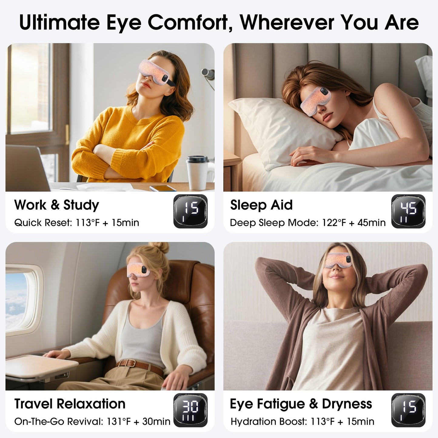Heated Eye Mask, Cordless Rechargeable Eye Compress, Eye Relief, Improved Sleep, Washable Eye Mask, 4 Heat Levels, 4-Level Timing - Gray